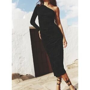 Zara Black Asymmetric One Shoulder Long Sleeve Ruched Knit Dress Large